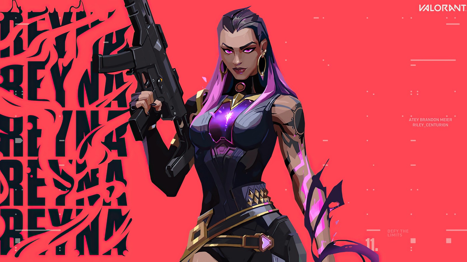 A woman with a gun and a pink background (valorant, video game, reyna)