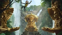 Une scène vibrante avec une statue dorée entourée de verdure luxuriante et de cascades, avec un singe espiègle se balançant à proximité.