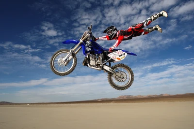 Acrobacia de motocross freestyle en el aire sobre un paisaje desértico