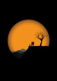 Silueta de una pareja y un perro contra un vibrante atardecer naranja, enmarcada por un árbol solitario en el horizonte.