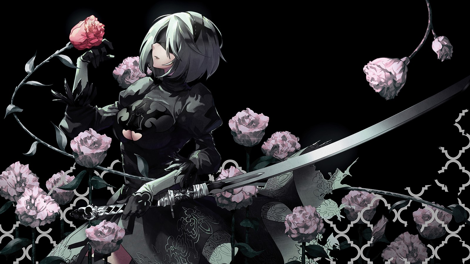 Chica de anime con espada y rosas de fondo (yorha 2b, yorha no 2 tipo b, yorha no 2 type b, nier automata, videojuego)