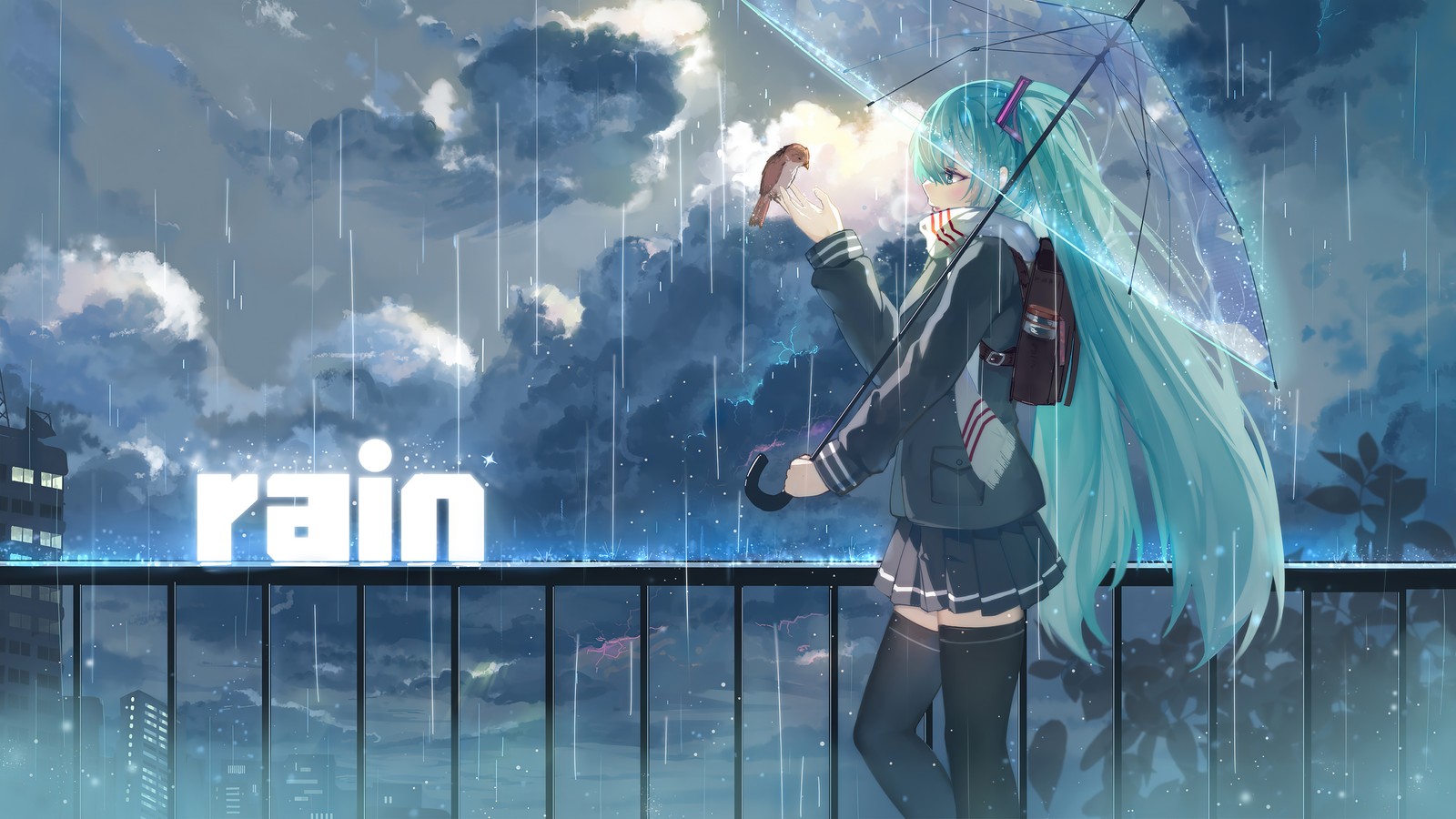 Chica de anime con cabello azul sosteniendo un paraguas bajo la lluvia (niñas de anime, anime, caminando, lluvia, hatsune miku)