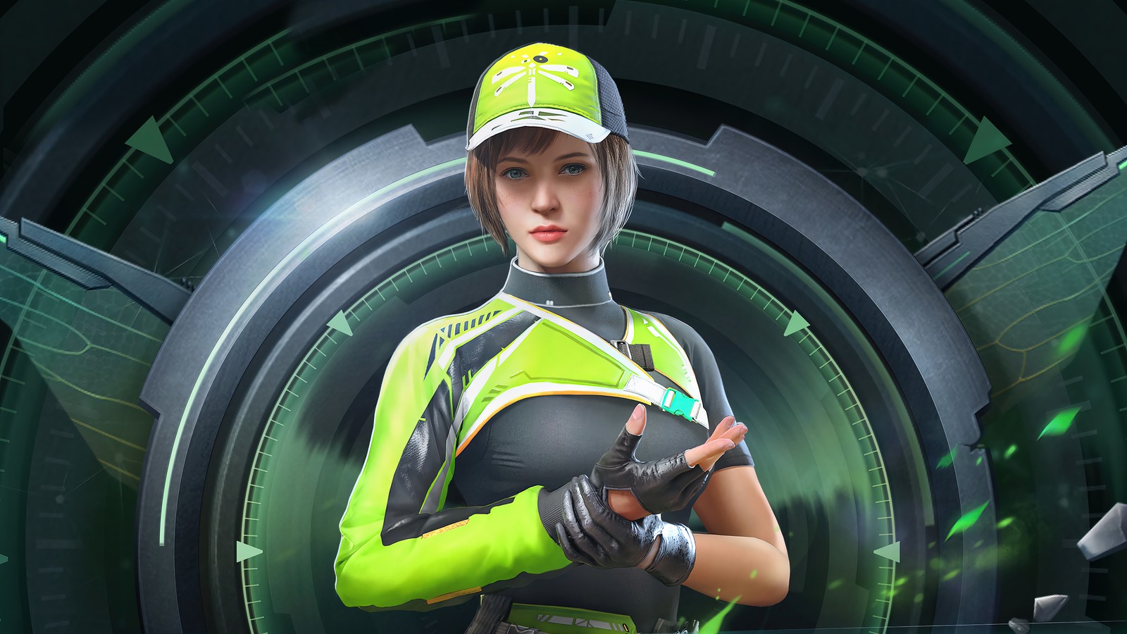 A close up of a person in a green and black outfit (pubg mobile, pubg, playerunknowns battlegrounds, video game, languid dragonfly)