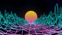 Paisaje vibrante de synthwave con picos de neón y sol retro poniéndose