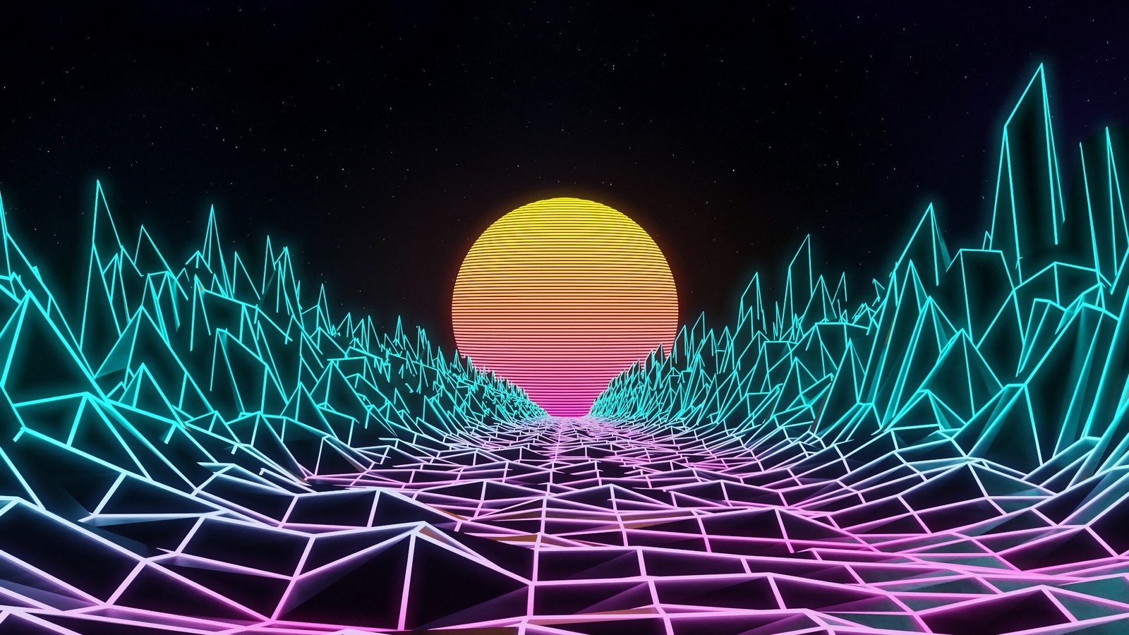 A futuristic landscape with a neon sunset and mountains (synthwave, retrowave, digital art, abstract, landscape)