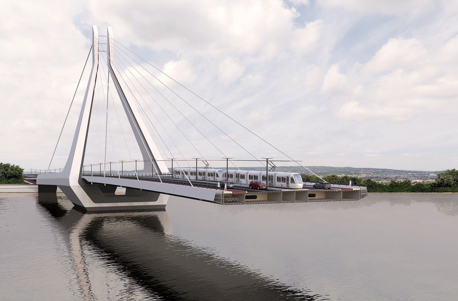 Há um trem cruzando uma ponte sobre a água. (ponte, arquitetura, ponte estaiada, ponte suspensa, ponte extradosado)