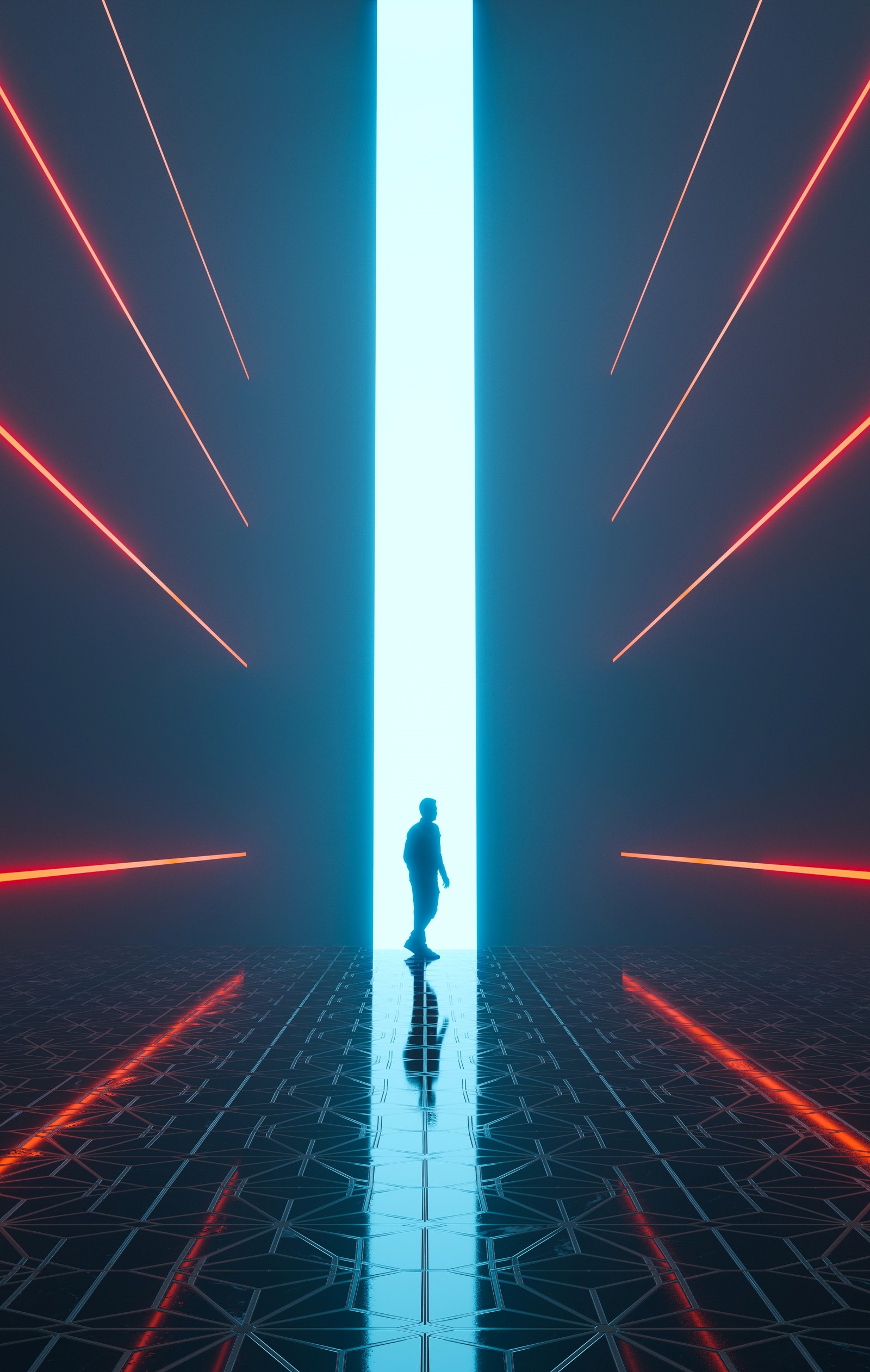 Arafed image of a man riding a skateboard through a tunnel (light, illustration, art, electricity, visual effect lighting)