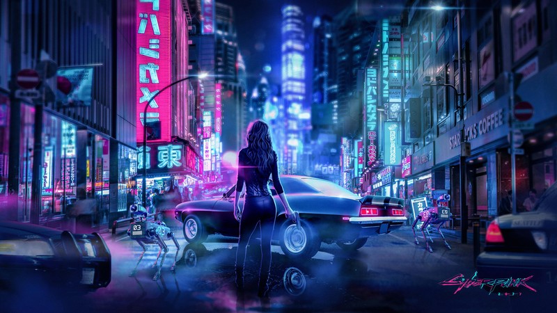 Женщина, стоящая посреди города ночью (киберпанк, cyberpunk 2077, киберпанк 2020, cyberpunk 2020, вэйпорвэйв)