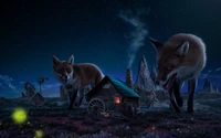 witch house, fox, wild animals, starry sky, twilight