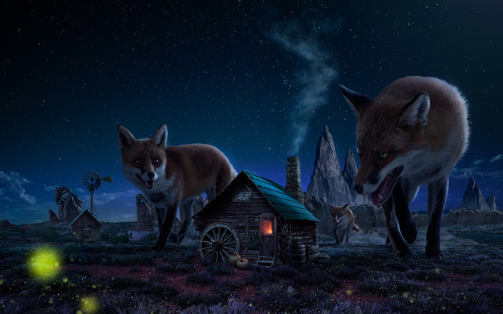 Deux renards se tiennent dans un champ avec une petite cabane (witch house, renard, animaux sauvages, ciel étoilé, crépuscule)