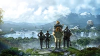 Aventureiros contemplando as paisagens de Eorzea em Final Fantasy XIV Online