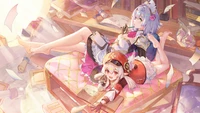 Klee e Noelle relaxando em um escritório aconchegante - Arte de Genshin Impact