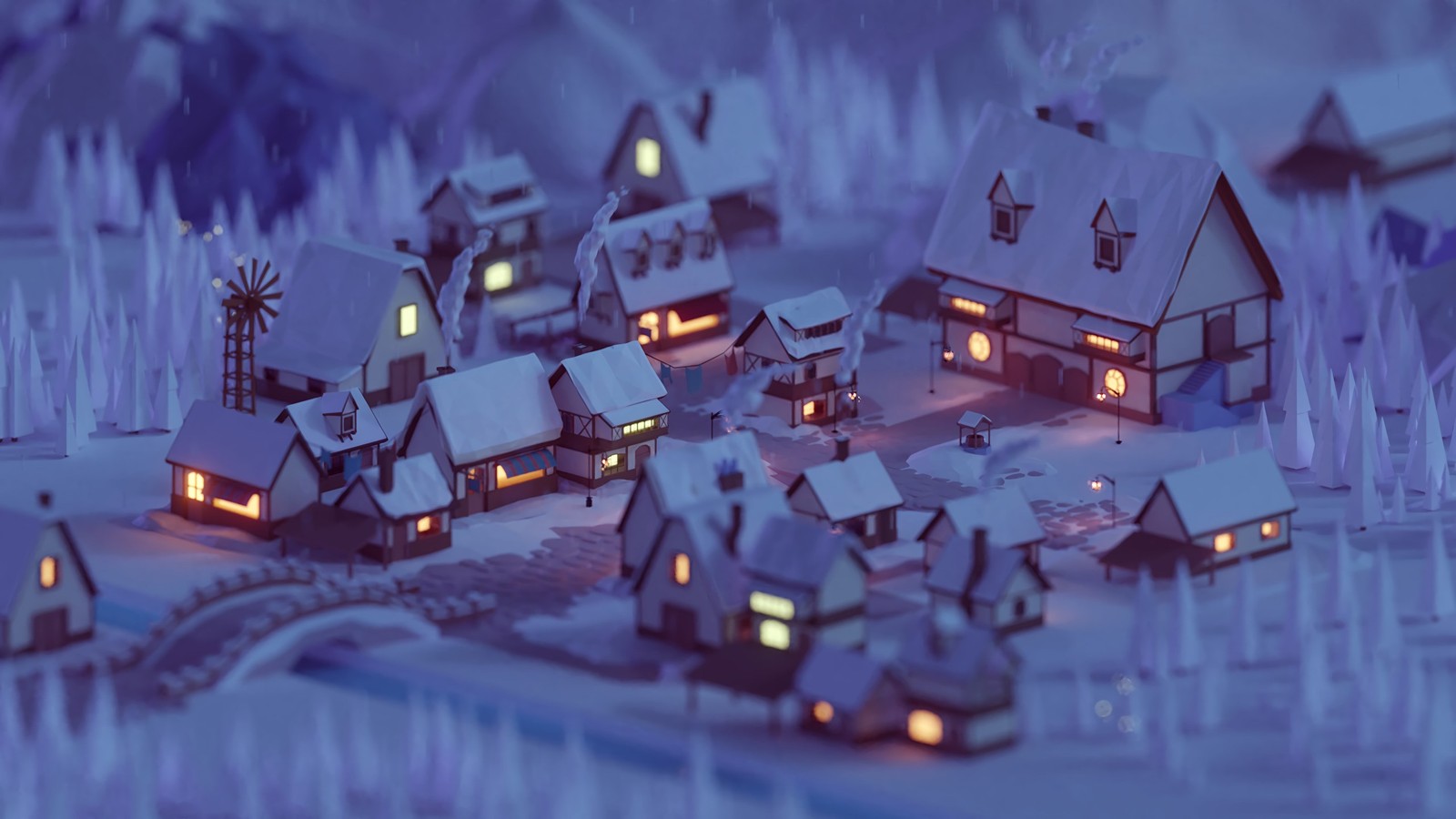 low poly, winter, house, freezing, purple Download Wallpaper