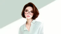 Mujer de cabello rubio con gafas y un peinado bob elegante, mostrando un dibujo inspirado en el anime centrado en la belleza.