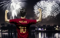 Jogador de futebol da Rússia celebrando com fogos de artifício