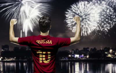 Jugador de fútbol de Rusia celebrando con fuegos artificiales