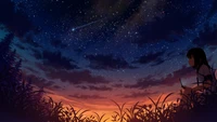 anime, girls, night, sky, scenery wallpaper