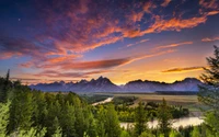 Sunrise Over Snake River with Grand Teton Mountains in Yellowstone National Park