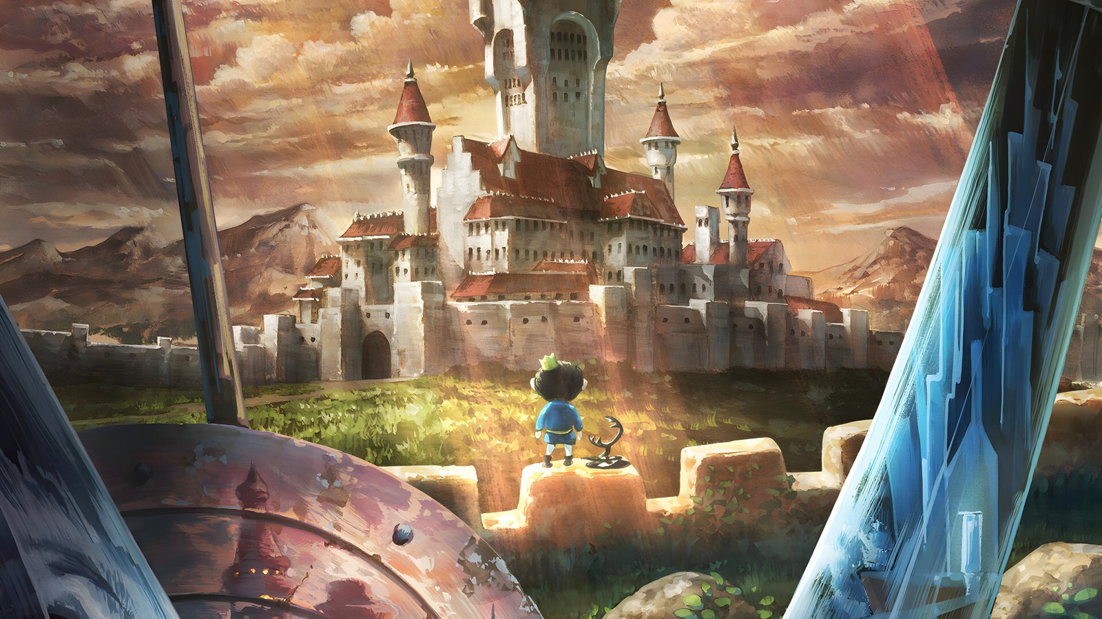 Anime scene of a castle with a boy on a bike (anime, world, window, nature, art paint)