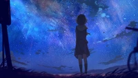 Une fille se tient dans un paysage serein, regardant vers un ciel vibrant rempli d'étoiles, entourée de profonds bleus et de doux nuages, capturant l'essence d'une tranquille minuit dans un style anime magnifiquement rendu.