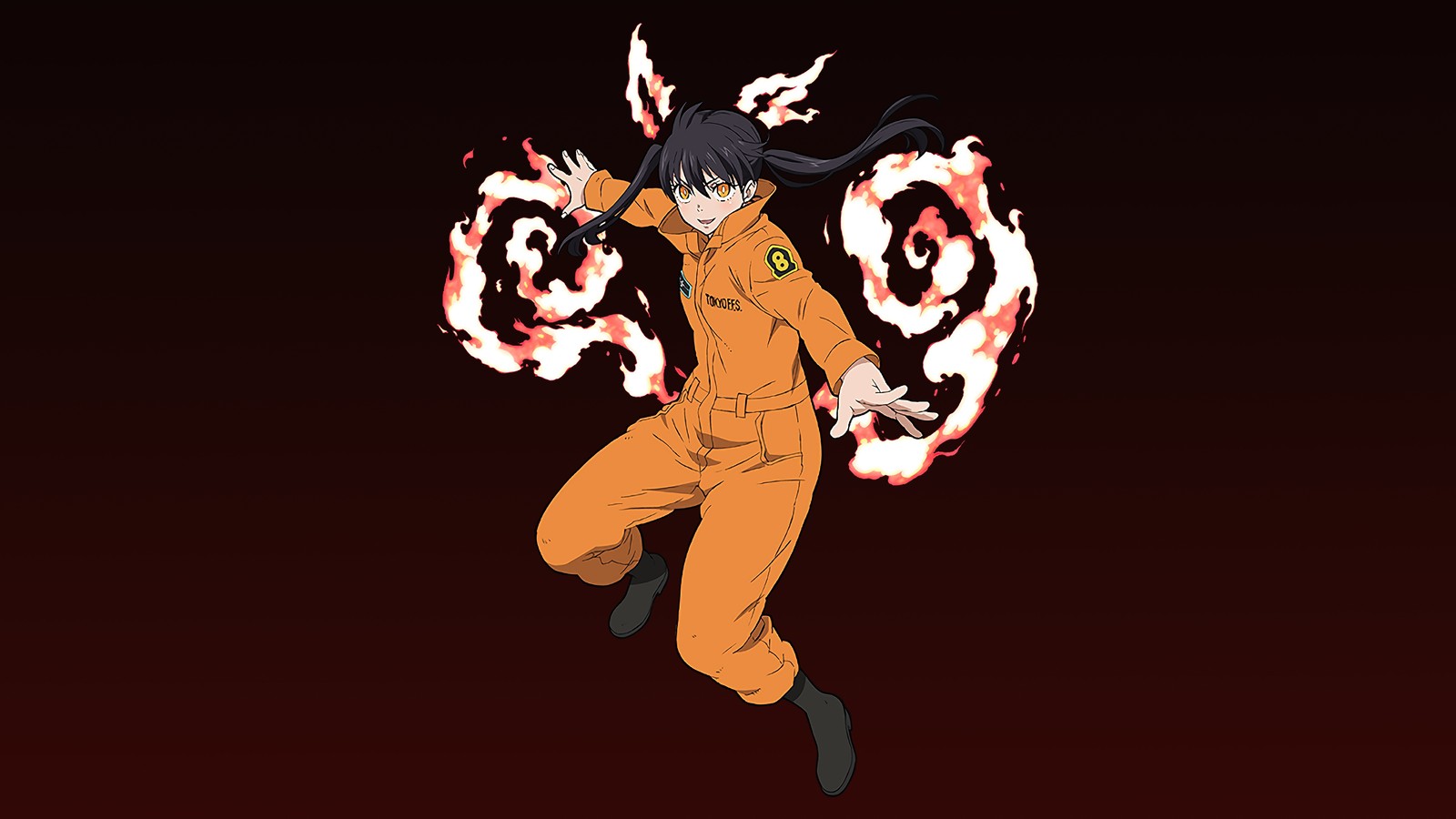 Человек в оранжевом костюме с огненным шаром в руке (fire force, аниме, anime, огненная бригада, enen no shouboutai)