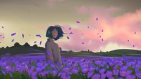 Chica Lofi serena en campos de lavanda bajo un cielo de ensueño