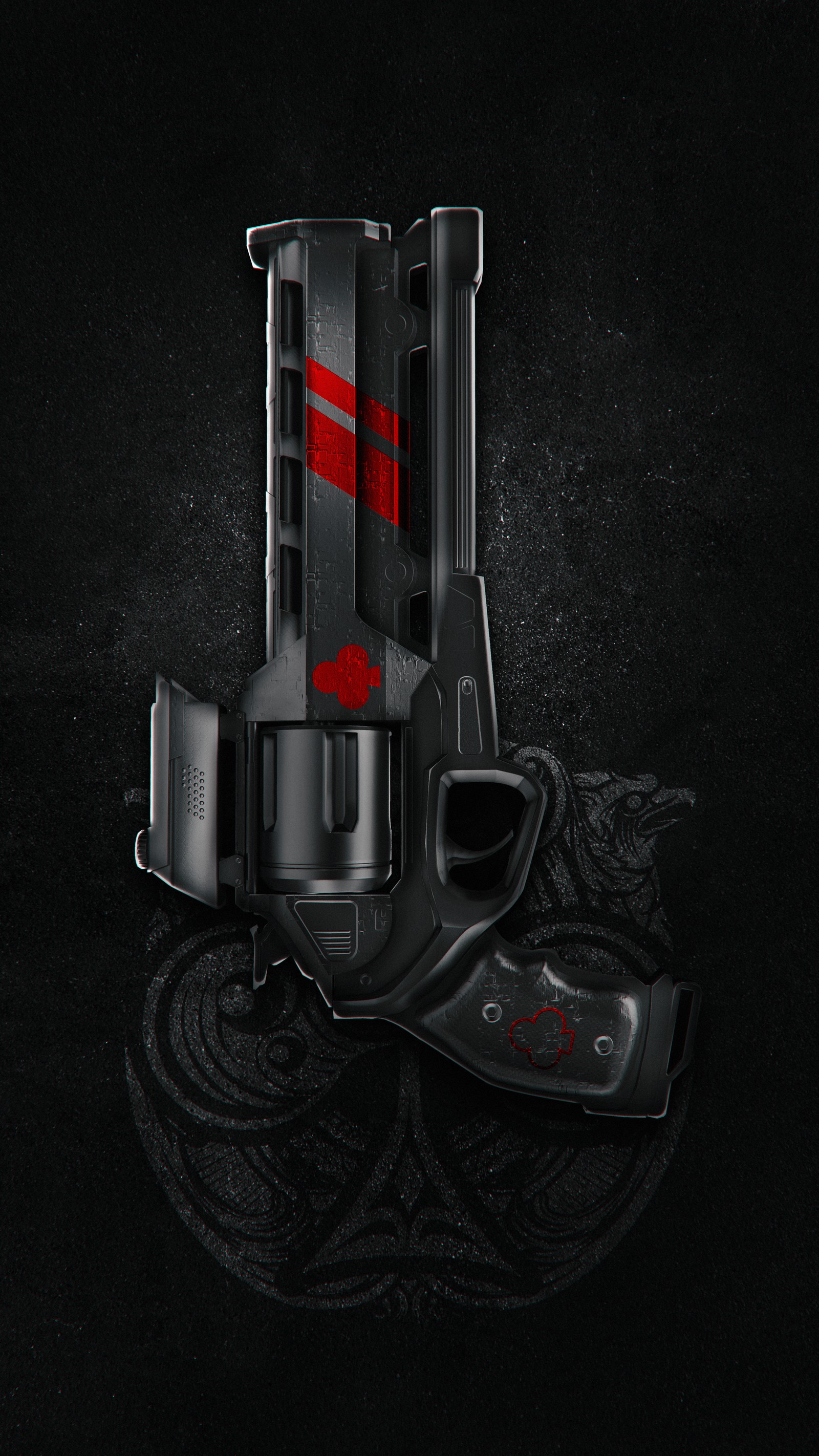 There is a gun with a red stripe on it and a black background (gas, machine, cylinder, darkness, titanium)