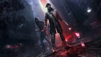 Aiden Pearce e um aliado mascarado estão em um ambiente urbano encharcado de chuva, exalando uma sensação de furtividade e rebelião no mundo de "Watch Dogs: Legion - Bloodline.