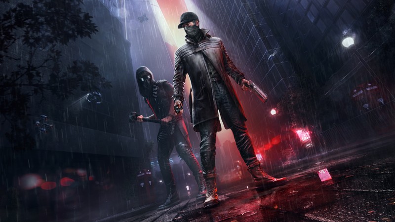 Пара людей, стоящих под дождем в городе (watch dogs legion кровное родство, watch dogs legion bloodline, айден пирс, aiden pearce, дедсек)