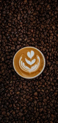 Flat White Coffee Cup Surrounded by Roasted Coffee Beans