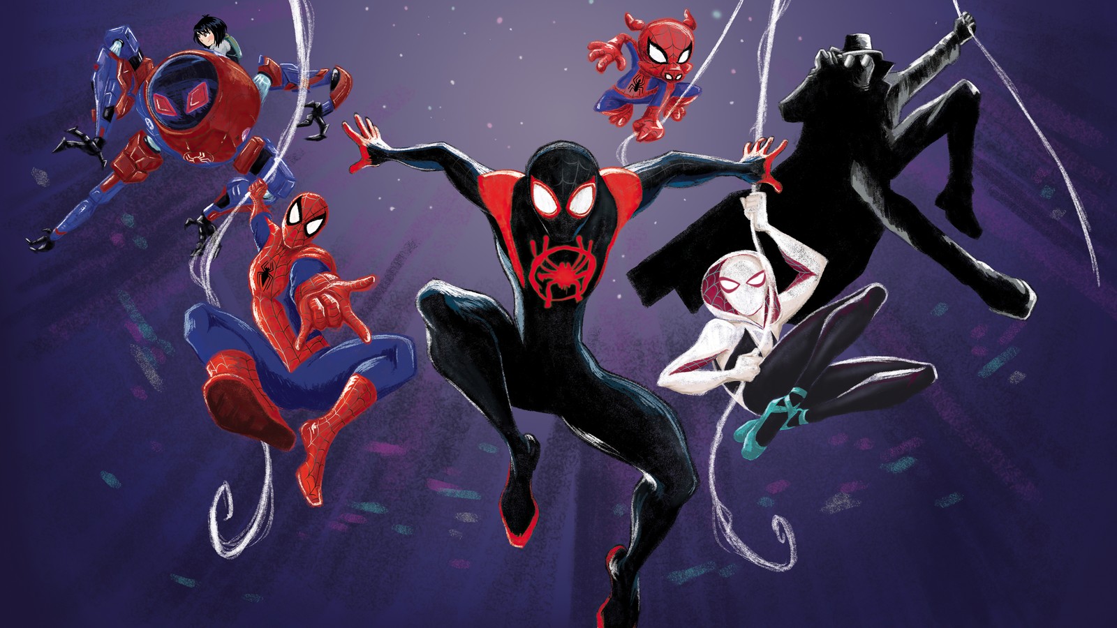 Spider-man et ses amis volent dans les airs (spider man new generation, spider man into the spider verse, film, spider man, miles morales)