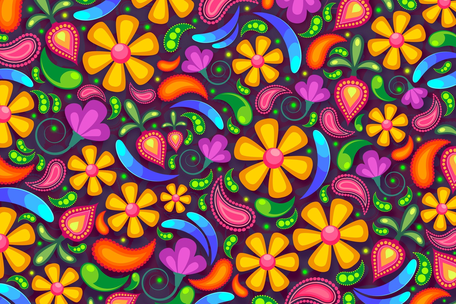 Um padrão floral colorido com muitas cores e formas diferentes (designs florais, fundos femininos, arte digital, padrão paisley, colorido)