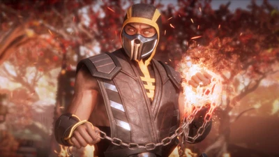 Scorpion de Mortal Kombat 11 brandissant des chaînes enflammées dans une pose dynamique.