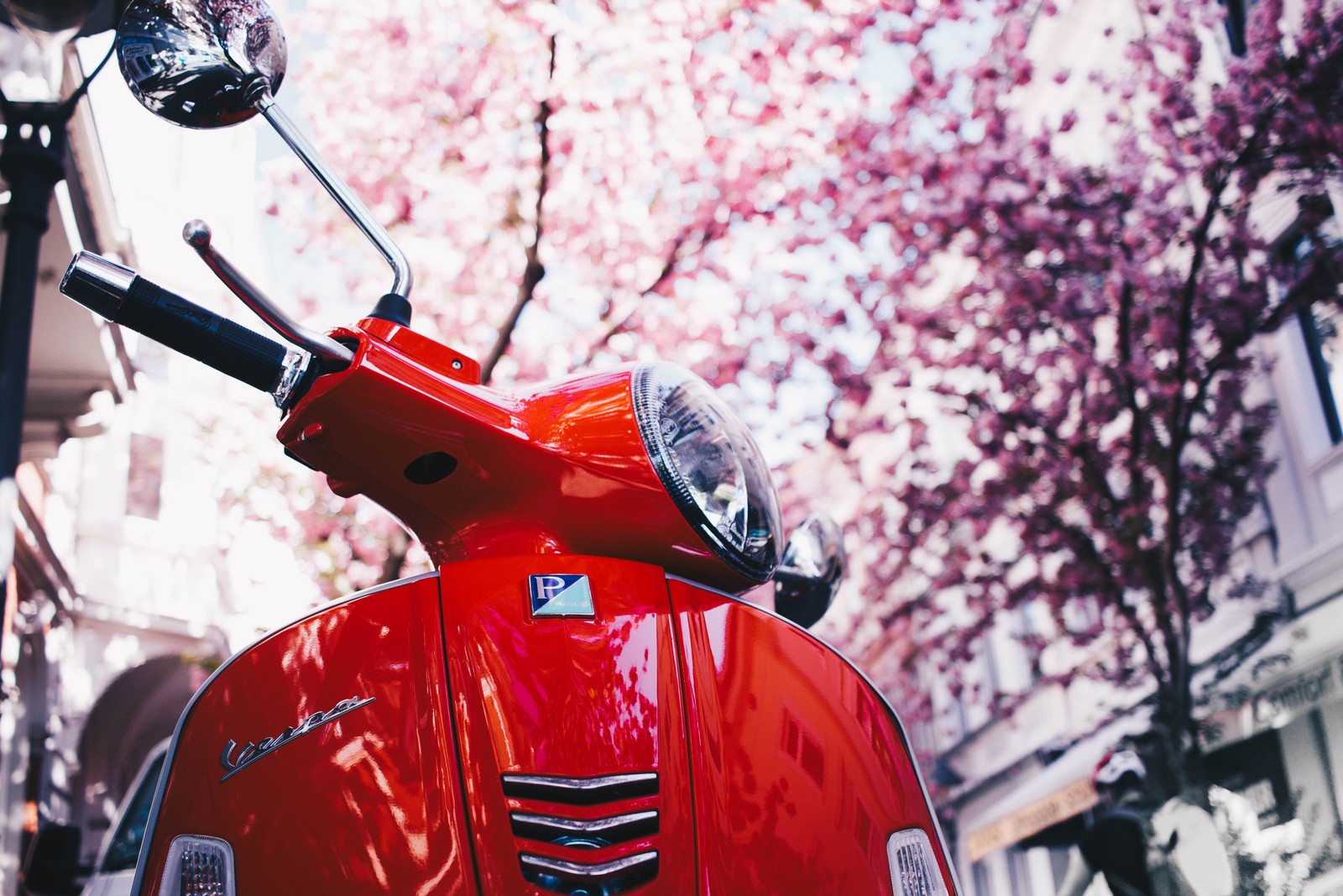 Hay un scooter rojo estacionado al lado de la calle (scooter, motocicleta, rojo, planta, bicicleta)