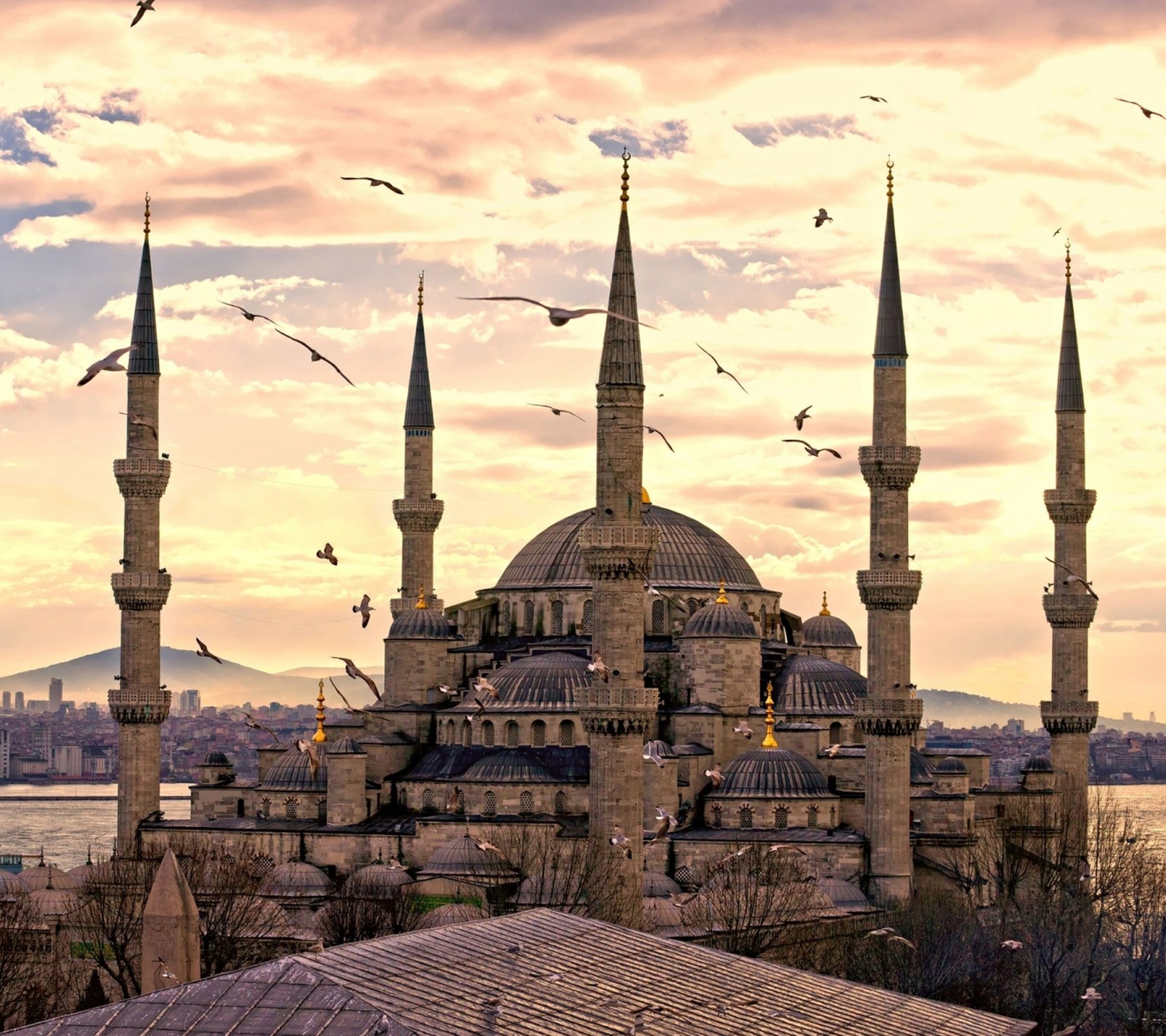 Vista divertida de un gran edificio con muchas torres y muchos pájaros volando (alá, allah, cami, dini, islam)