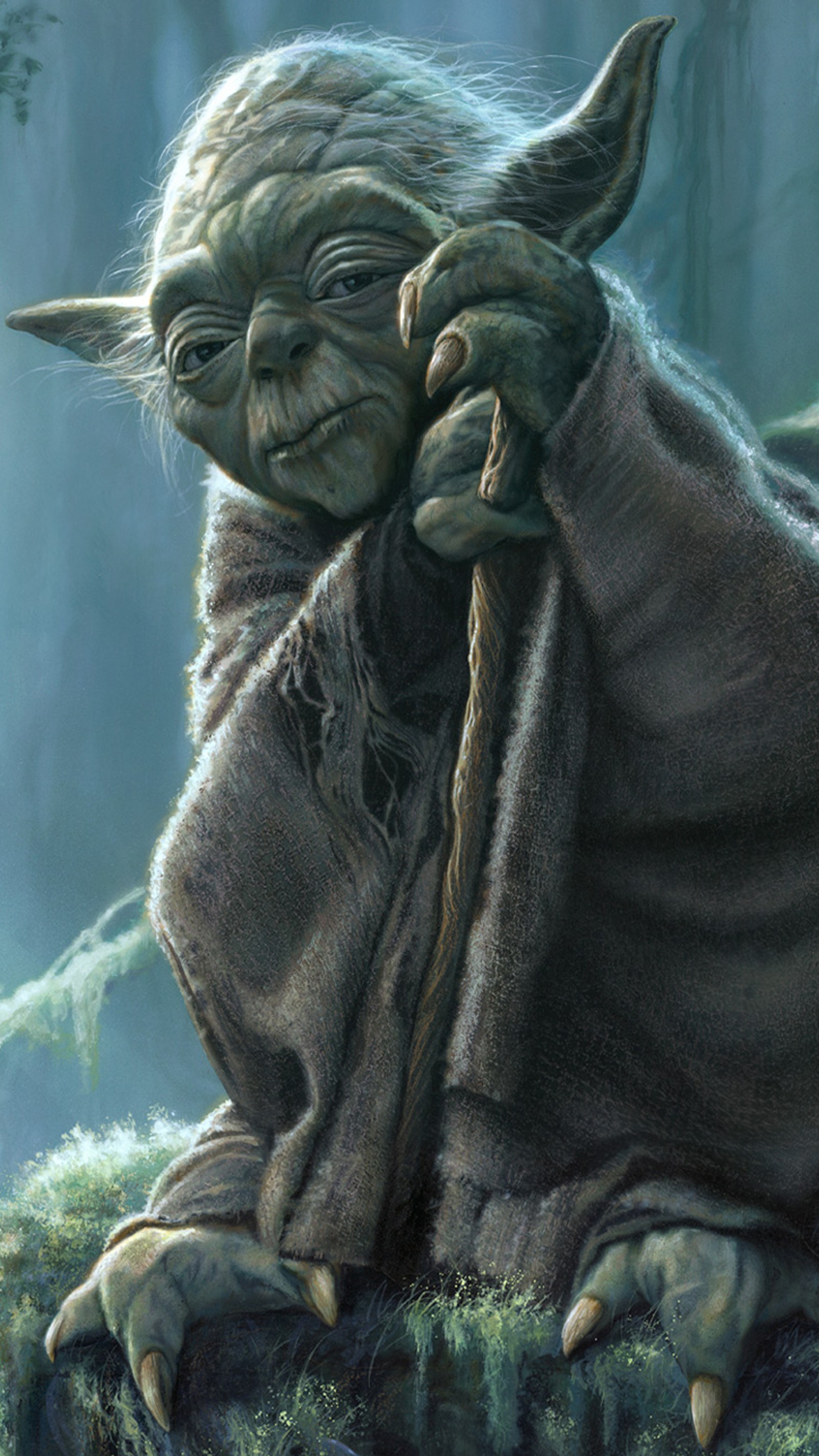 Pintura de yoda sosteniendo un bastón en su mano (jedi, maestro yoda, star wars)