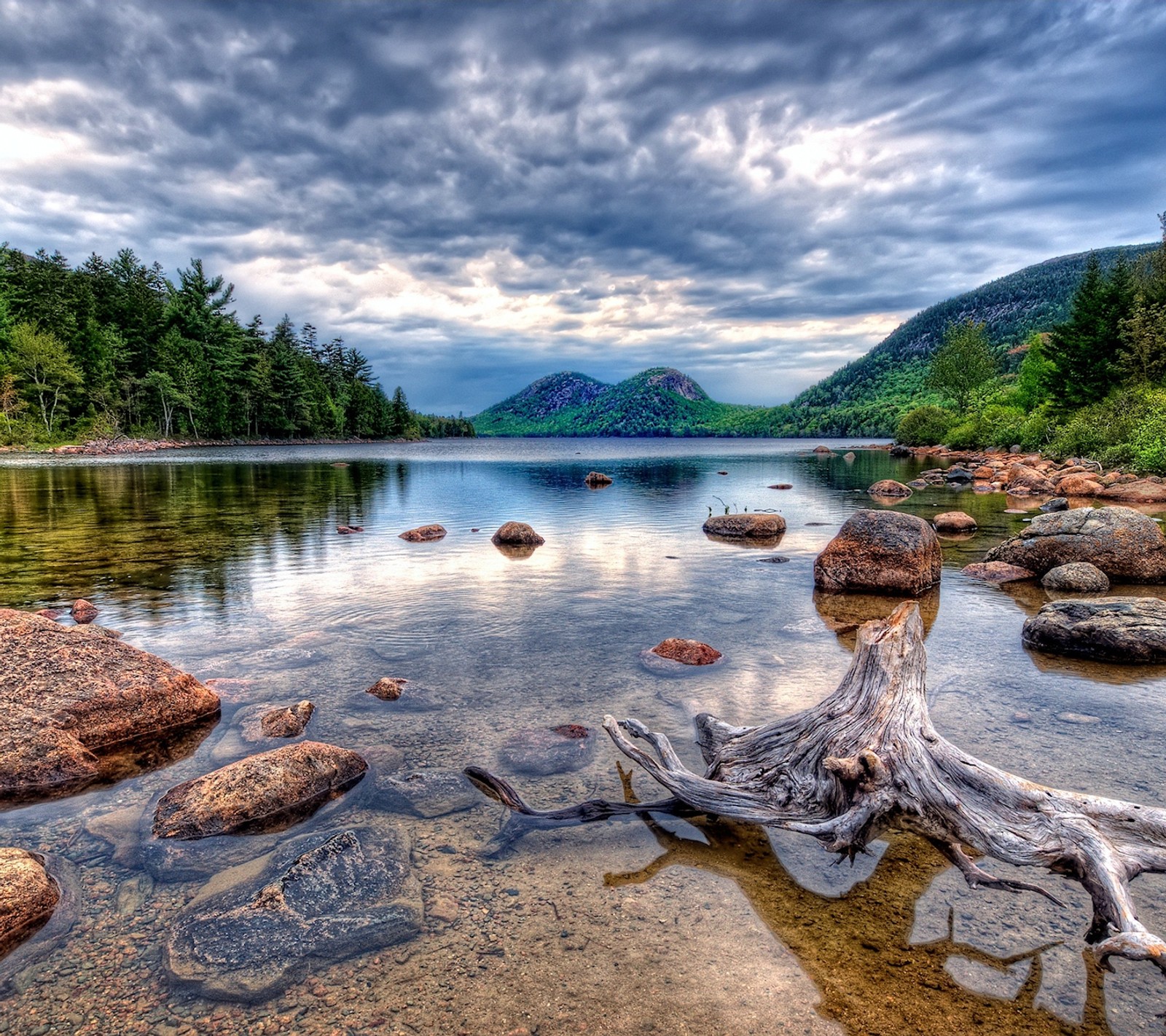 Arafed tree stump in the water of a lake with rocks and trees (lake, mountain, water)