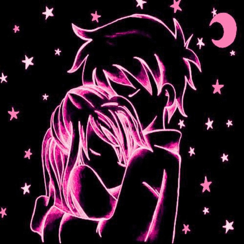 A close up of a drawing of a person with a pink hair (love, stars)