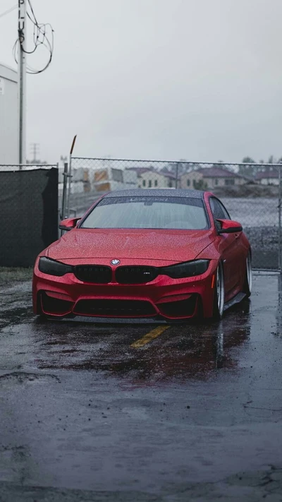 Low Red BMW M4 F82 Coupe in Rain