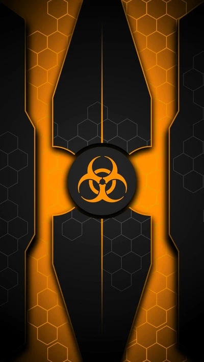 Logotipo de biohazard abstrato em laranja e preto sobre um fundo com padrão hexagonal.