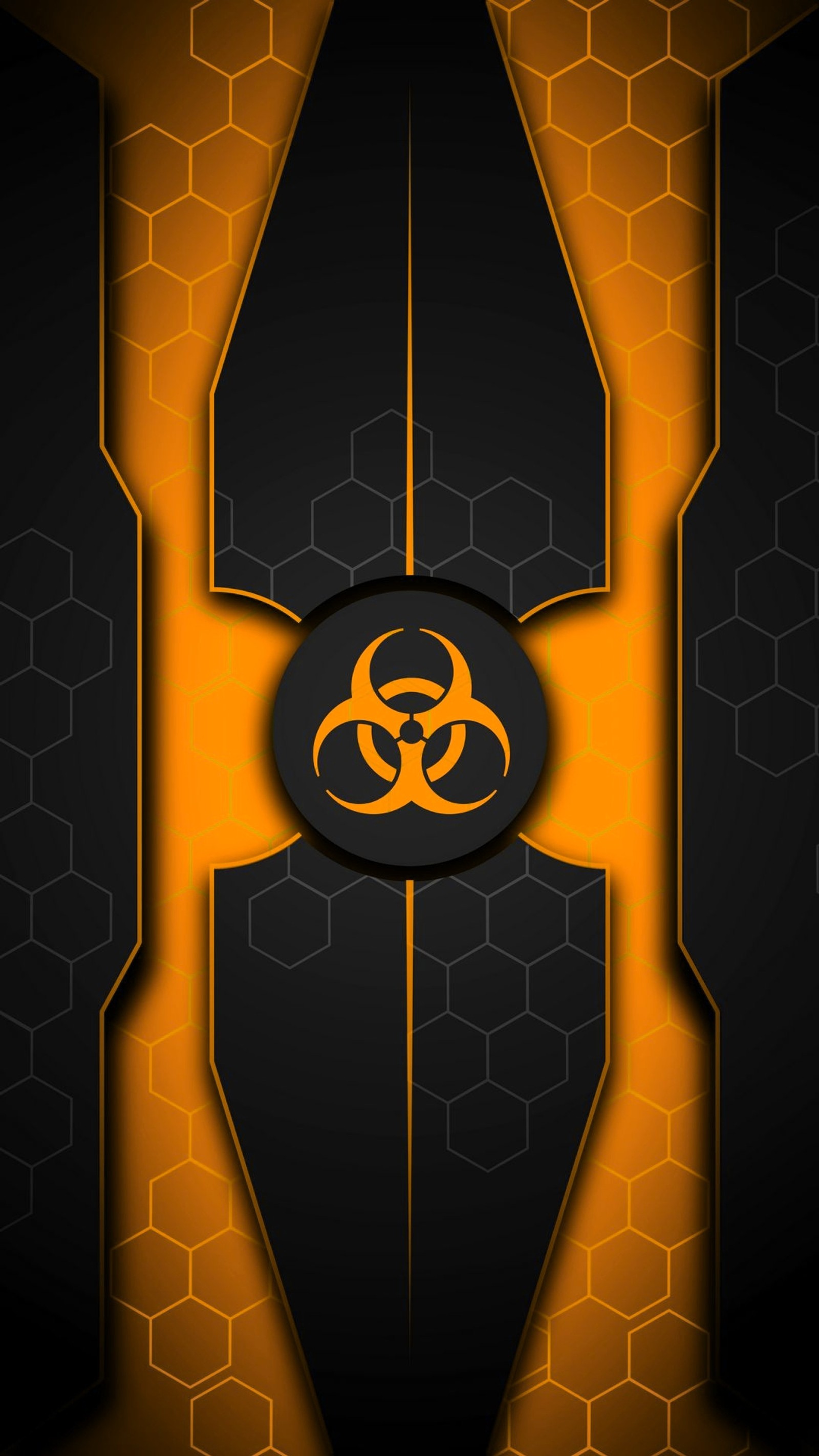 A close up of a yellow and black background with a biohazard logo (abstract, hd, logo, orange, sign)