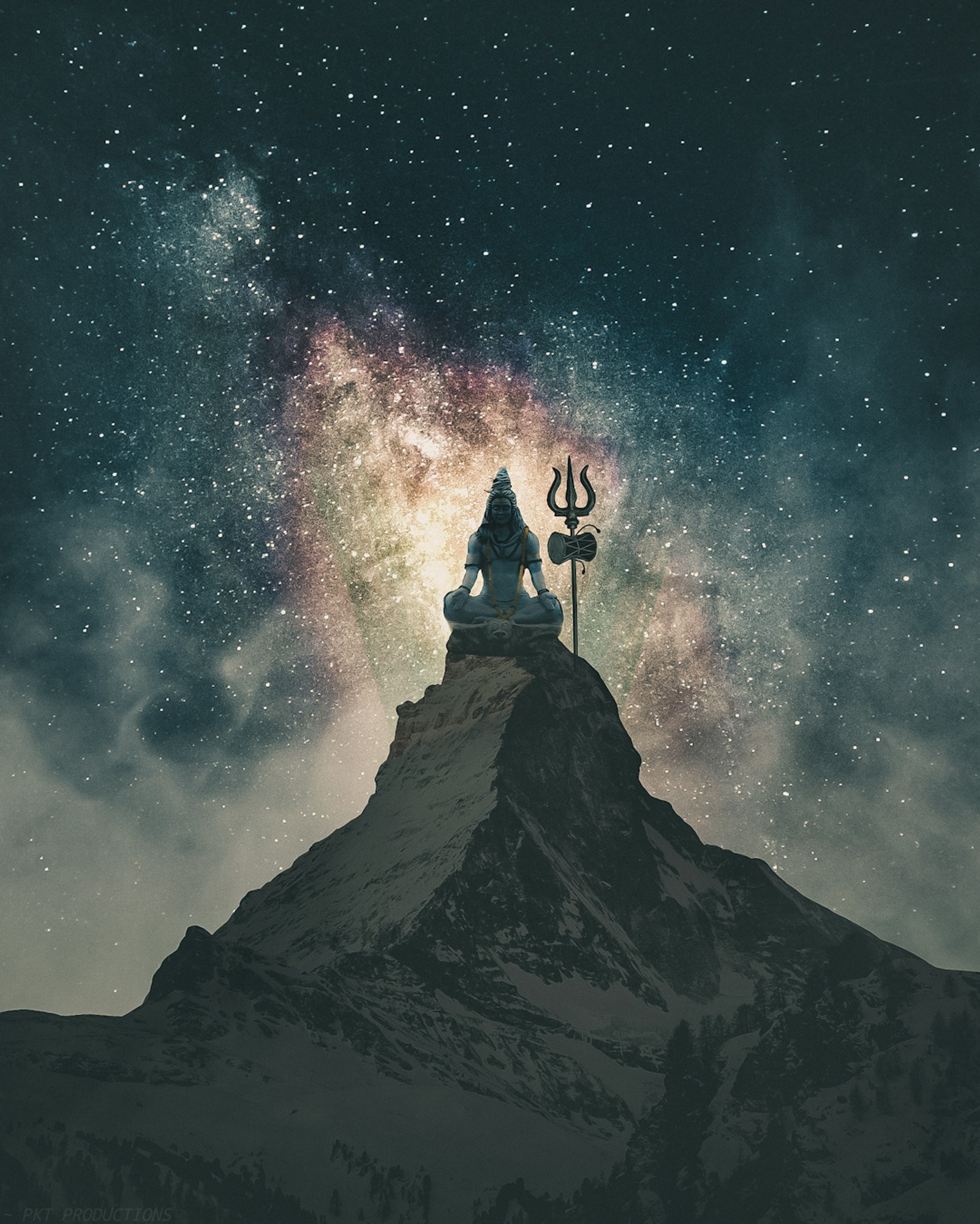 There is a statue of a man sitting on top of a mountain (mountain, night, sky, space, stars)