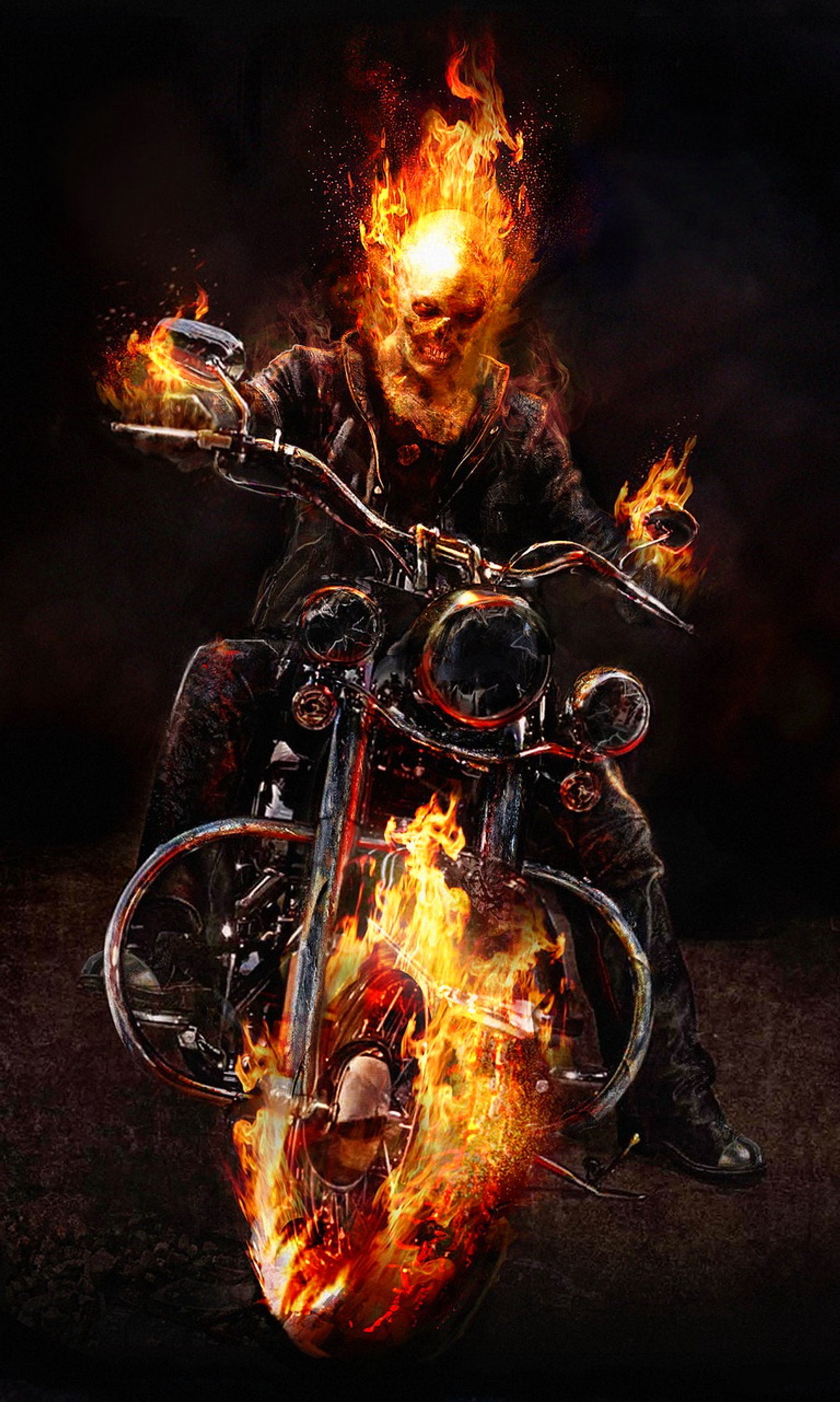 Um homem andando de motocicleta com chamas atrás (fogo, ghost rider, fogo infernal, johny blaze, motocicleta)