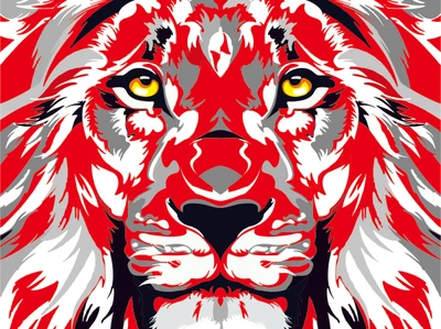 A striking red and gray artistic representation of a lion's face, symbolizing strength and power.