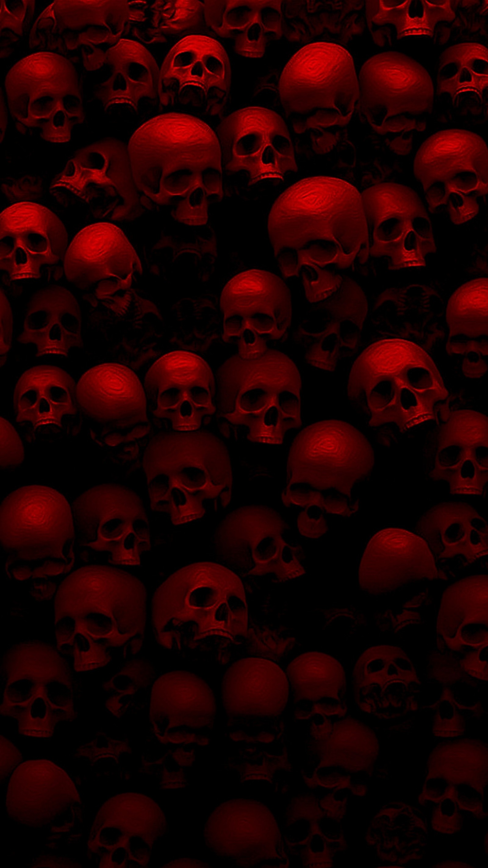 A close up of a bunch of skulls in a dark room (red skulls, skull wallpaper, skullpaper, skulls)