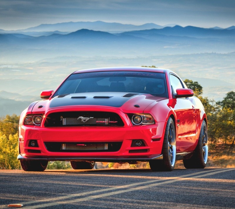 Красный мустанг припаркован на дороге с горами на заднем плане (ford, мустанг, mustang, красный)