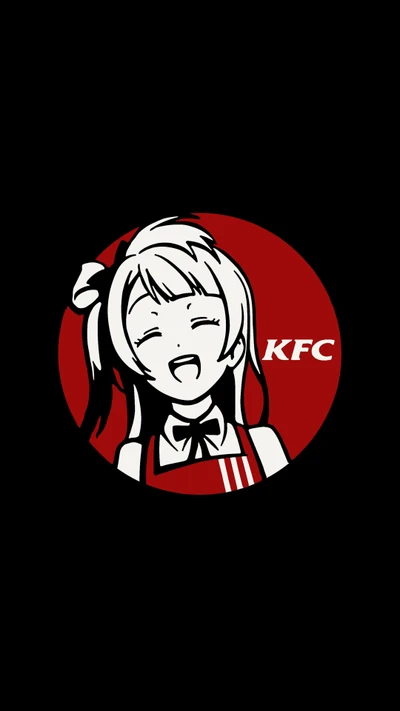 Logo de KFC inspirado en el anime con un personaje alegre sobre un fondo negro.