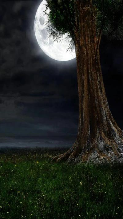 lune, nuit, arbre