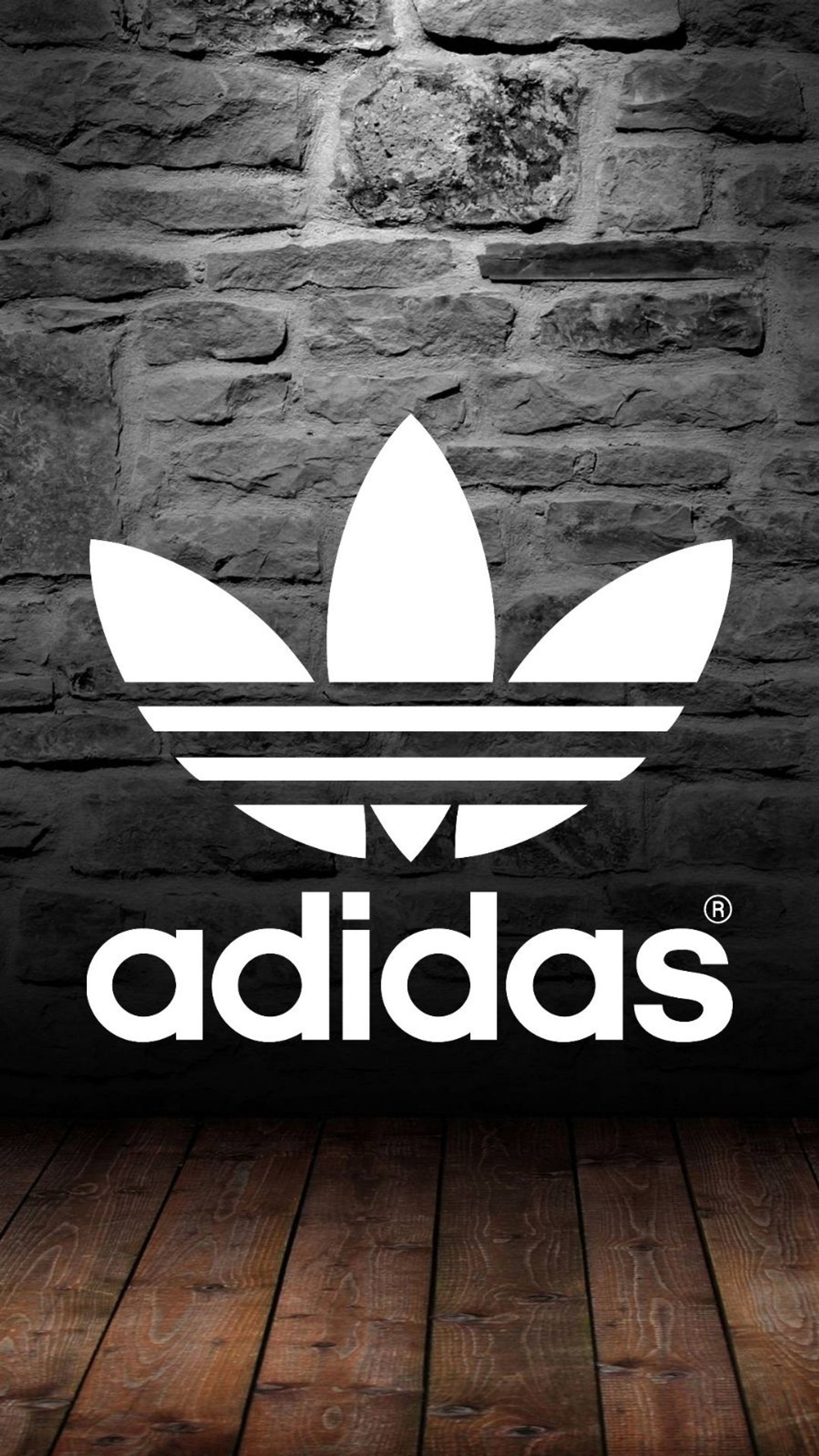 Logotipo da adidas em uma parede de tijolos com um piso de madeira (editar, oficial, original, parede)