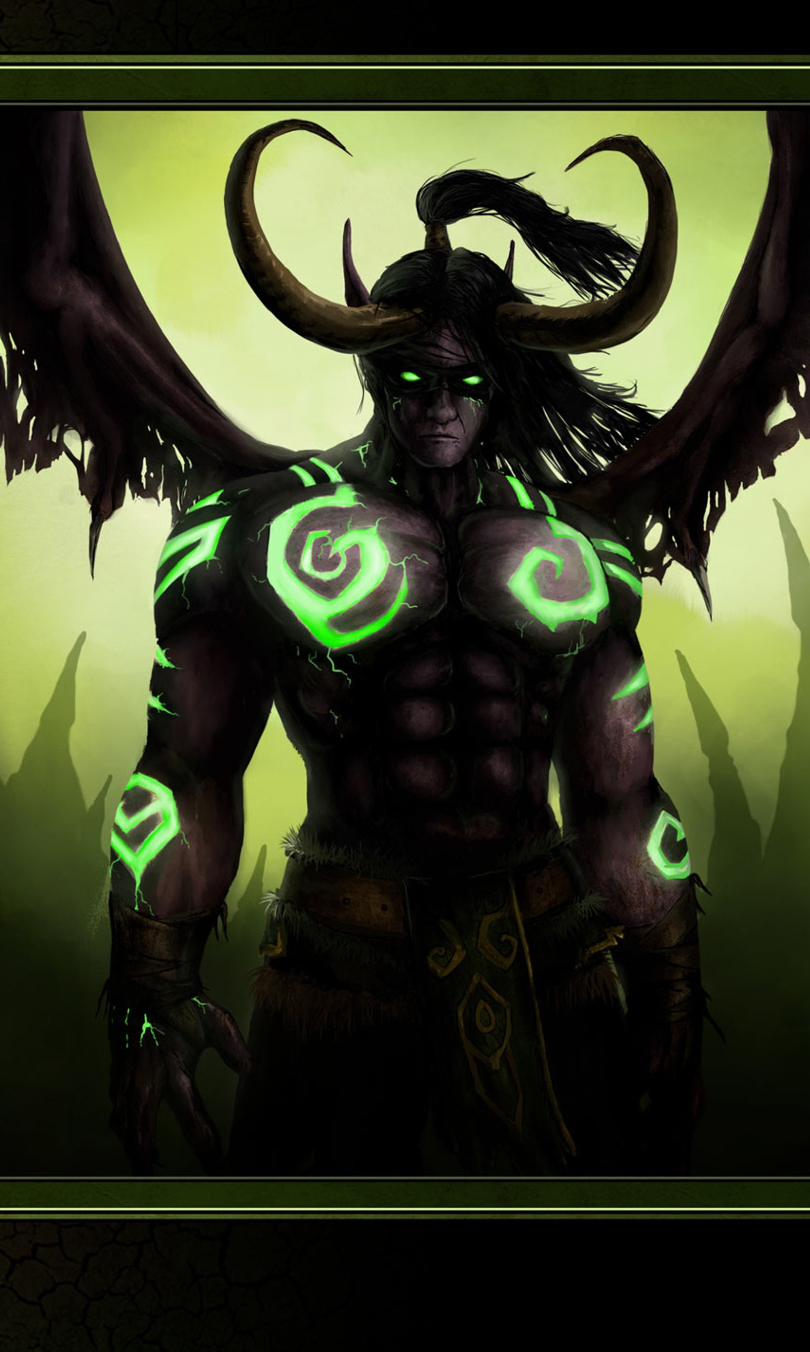 A close up of a male with a horned head and green eyes (deamon, fantasy, green, horns, hunter)